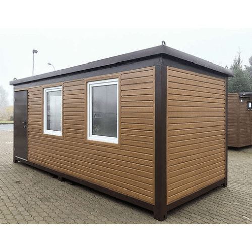 Oficina Modular en Estructura de Contenedor de 6×2,4 Metros, Acabado en Revestimiento Madera