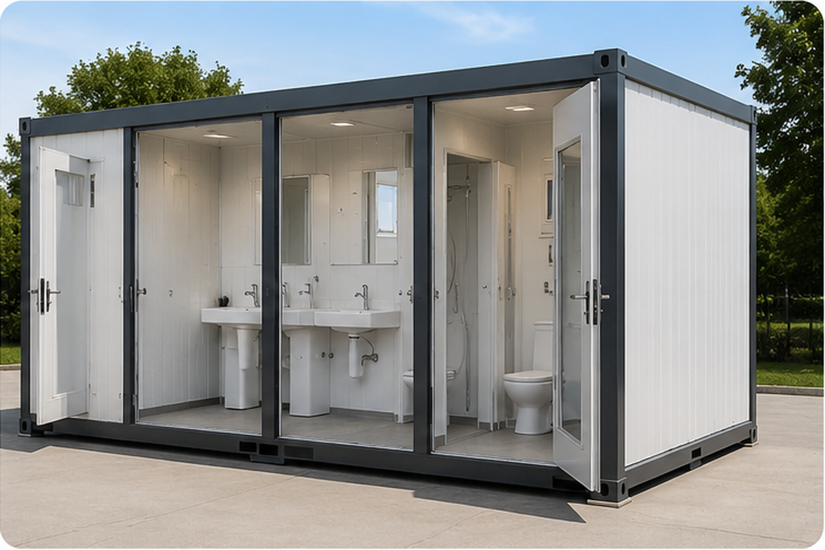 Módulo sanitario equipado con duchas, lavabos e inodoros